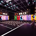 O Time Event Stage With Colorful Screens Lighting And Audience Seats