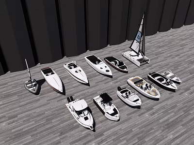 Variety Of Ships Including Sailboats And Yachts On Wooden Platform 3d model