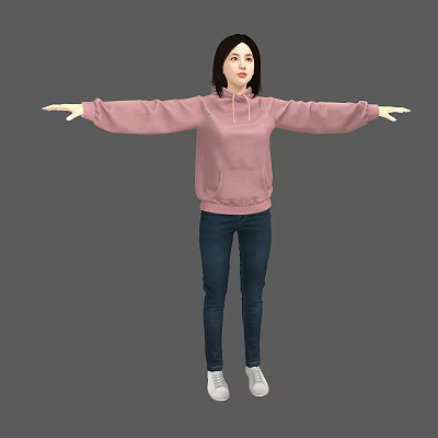 Woman in Pink Hoodie Blue Jeans and White Shoes with Arms Outstretched Against Gray Background 3d model
