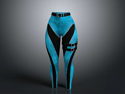 Fashionable Blue And Black Color Block Leggings With Waist Belt And Side Buckles 3d model