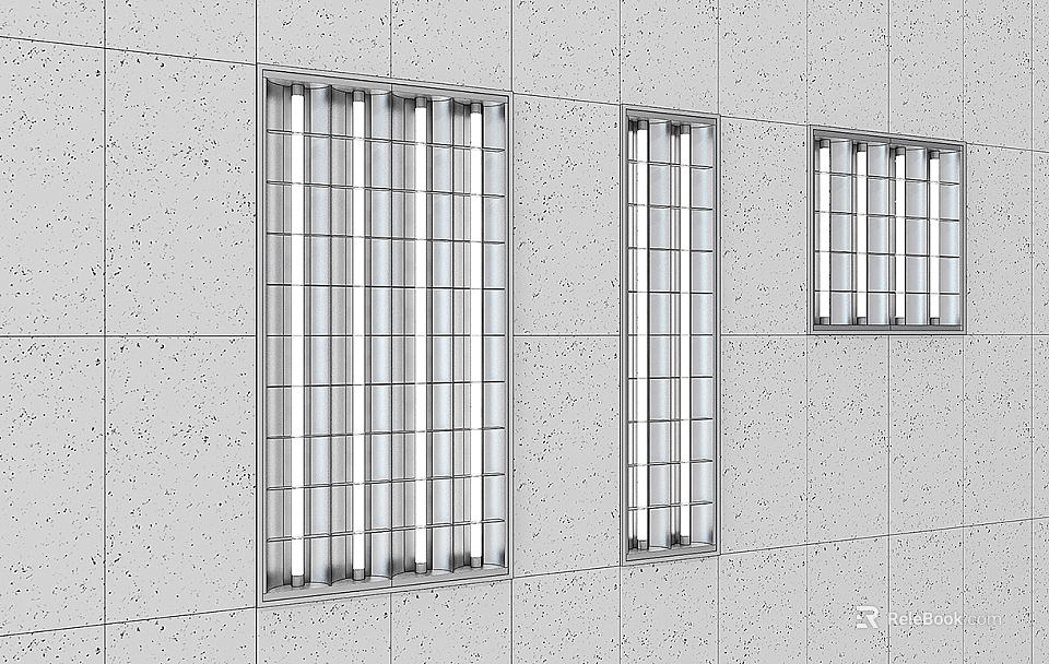 Three Long Rectangular Grille Lights With Metal Grid And Fluorescent Tubes Mounted On Gray Wall 3d model 