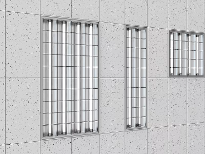 Three Long Rectangular Grille Lights With Metal Grid And Fluorescent Tubes Mounted On Gray Wall 3d model