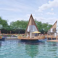 Scenic Waterfront Guesthouse Wooden Architecture Pointed Roofs Over Blue Water Green Trees Yellow Umbrellas