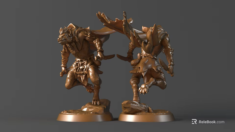 Bronze Fantasy Warrior Creature Sculptures With Cloak Weapon Dynamic Running Pose On Detailed Bases 3d model 
