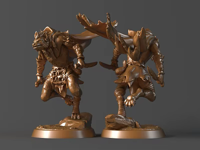 Bronze Fantasy Warrior Creature Sculptures With Cloak Weapon Dynamic Running Pose On Detailed Bases 3d model