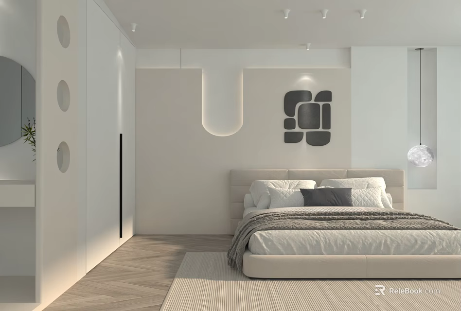 Modern Hotel Room Interior With Comfortable Bed Decorative Wall Art And Soft Lighting 3d model 