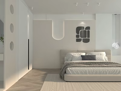 Modern Hotel Room Interior With Comfortable Bed Decorative Wall Art And Soft Lighting 3d model