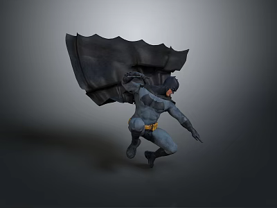 Man In Batman Costume With Flowing Cape Leaping In Dynamic Action Pose 3d model