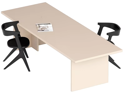 Modern Dining Table Set with Beige Smooth Surface and Black Modern Chairs with Open Magazine 3d model