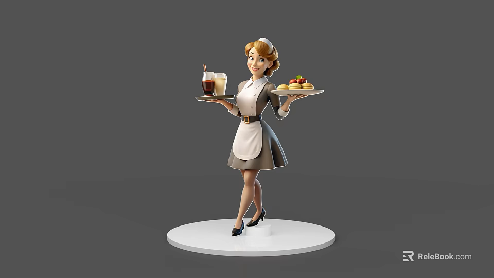 Game and Movie Character Female Waitress in Uniform Holding Trays with Drinks and Desserts 3d model 