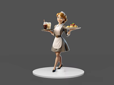 Game and Movie Character Female Waitress in Uniform Holding Trays with Drinks and Desserts 3d model