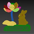 White Rabbit And Pink White Lotus Sculpture On Stone Base With Light Blue Background