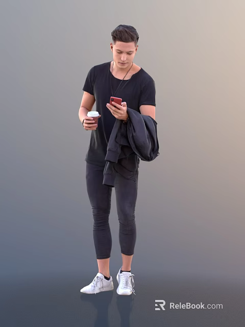 A Man in Black T Shirt Holding Red Phone and Coffee with Jacket Over Shoulder 3d model 
