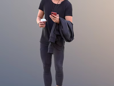 A Man in Black T Shirt Holding Red Phone and Coffee with Jacket Over Shoulder 3d model
