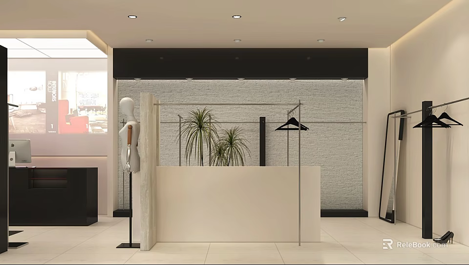 Modern Clothing Store Interior With Mannequin Display Racks White Counter Plants And Mirror 3d model 