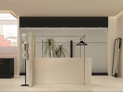Modern Clothing Store Interior With Mannequin Display Racks White Counter Plants And Mirror 3d model