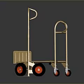 Golden Hand Trucks With Red Wheels On Shiny Black Reflective Surface