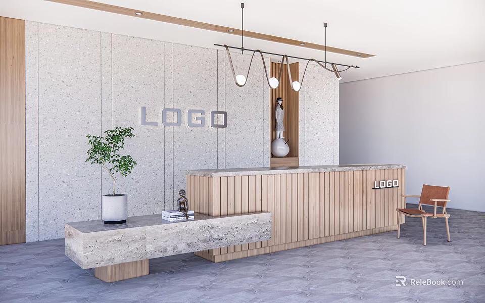 Modern Reception Area With Wooden Desk Stone Wall Pendant Lights Green Plant And Bench 3d model 