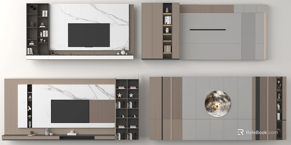 Modern TV Wall Design With Marble Surface And Built in Storage Cabinets 3d model