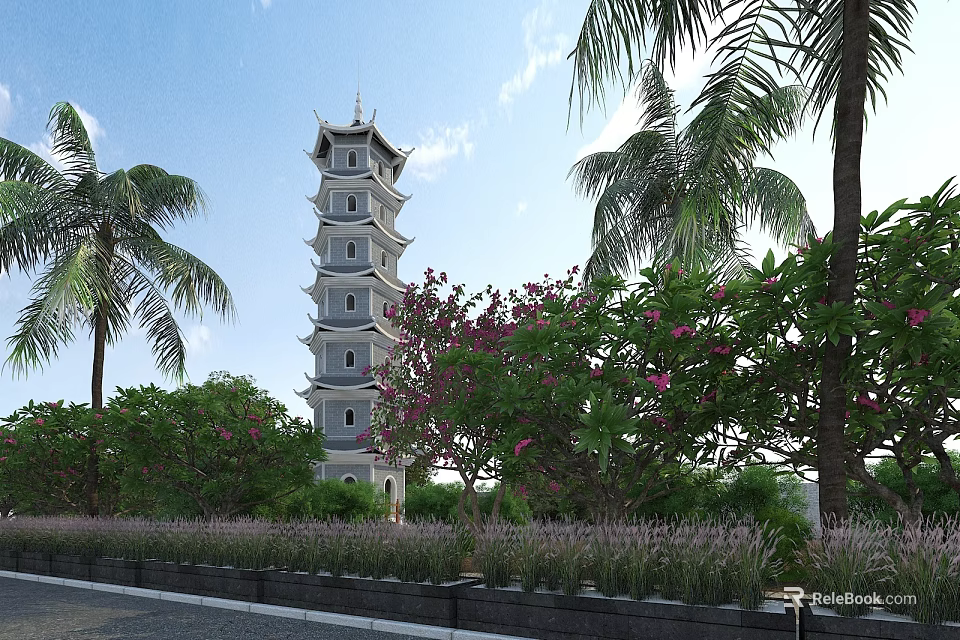 Ancient Chinese Tower Surrounded by Palm Trees Pink Flowers and Green Plants Under Blue Sky 3d model 