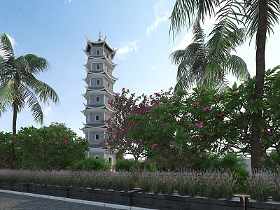 Ancient Chinese Tower Surrounded by Palm Trees Pink Flowers and Green Plants Under Blue Sky 3d model