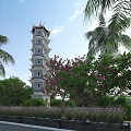 Ancient Chinese Tower Surrounded by Palm Trees Pink Flowers and Green Plants Under Blue Sky
