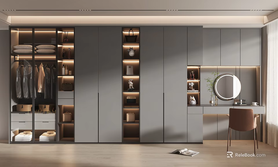 Modern Walk-in Closet With Gray Cabinets Hanging Clothes And Storage Shelves 3d model 