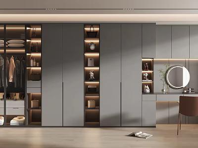 Modern Walk-in Closet With Gray Cabinets Hanging Clothes And Storage Shelves 3d model