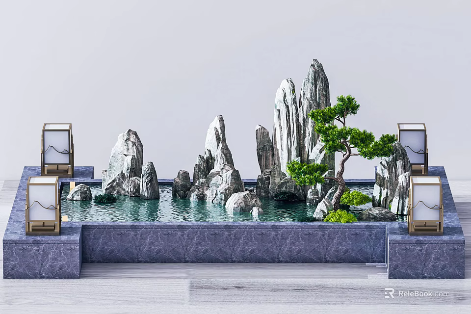 Decorative Garden Ornament Featuring Rock Formations Water Feature Small Pine Tree And Stone Lanterns 3d model