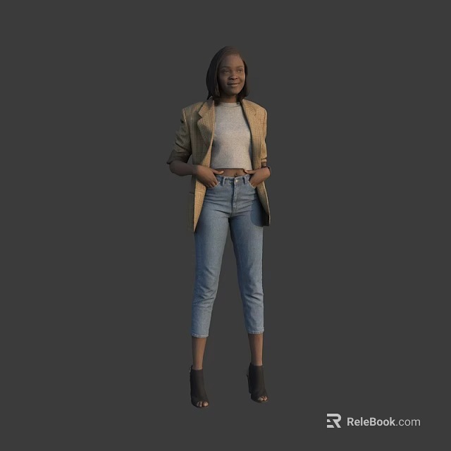 Woman Wearing Beige Blazer White Top Blue Jeans And Black Ankle Boots 3d model 