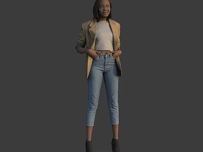 Woman Wearing Beige Blazer White Top Blue Jeans And Black Ankle Boots 3d model