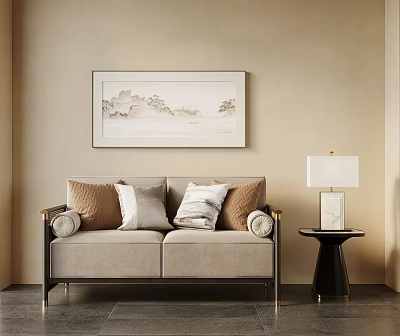 Minimalist Beige Sofa Set With Decorative Pillows Side Table Table Lamp And Wall Art 3d model