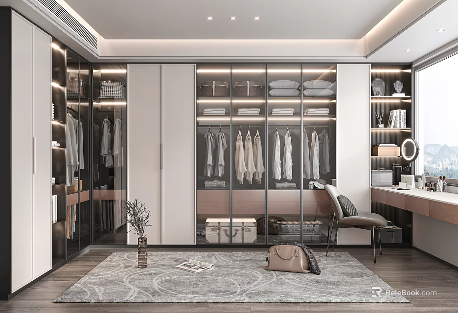 Modern Walk in Closet Featuring Glass Door Wardrobes Hanging Clothes Dressing Table Chair and Rug 3d model 
