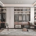 Modern Walk in Closet Featuring Glass Door Wardrobes Hanging Clothes Dressing Table Chair and Rug