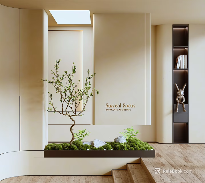 Entryway Interior Design With Tree Moss Stones Bookshelf Rabbit Decor Light Walls And Wooden Flooring 3d model 