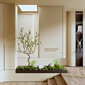 Entryway Interior Design With Tree Moss Stones Bookshelf Rabbit Decor Light Walls And Wooden Flooring
