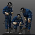 Three Workers Welding Metal Structure in Blue Overalls With Welding Masks