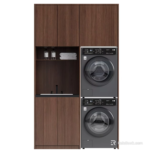 Wooden Bathroom Cabinet With Washer Dryer Storage Shelf Towel And Toiletries 3d model 