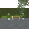 Outdoor Bench With Wooden Seat Stone Frame And Potted Plants On Green Grass