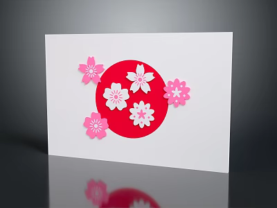 Decorative White Card With Red Circle And Pink White Cherry Blossoms Design 3d model