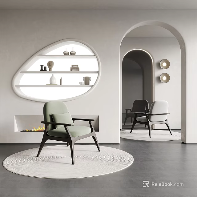 Light Green Upholstered Leisure Chair On Round Rug With Modern Minimalist Interior And Curved Shelf 3d model 