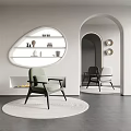 Light Green Upholstered Leisure Chair On Round Rug With Modern Minimalist Interior And Curved Shelf