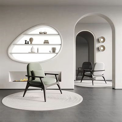 Light Green Upholstered Leisure Chair On Round Rug With Modern Minimalist Interior And Curved Shelf 3d model