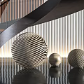 Modern Spiral Staircase With Black Handrail Wooden Steps And Metal Railing Striped Wall Decorative Balls