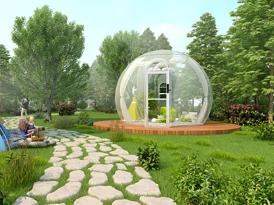 Garden Landscape With Transparent Spherical Building Stone Path Green Lawn And Lush Trees 3d model