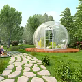 Garden Landscape With Transparent Spherical Building Stone Path Green Lawn And Lush Trees