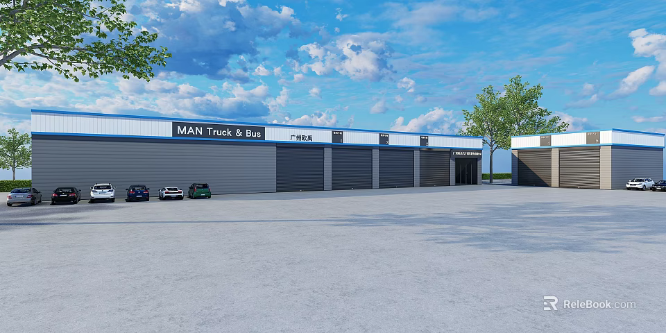 MAN Truck And Bus 4S Dealership With Garage Doors And Parked Vehicles 3d model 