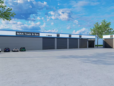 MAN Truck And Bus 4S Dealership With Garage Doors And Parked Vehicles 3d model