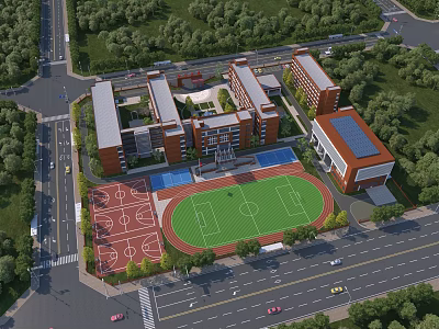 Modern School Campus With Multiple Classroom Buildings Sports Field Basketball Courts And Greenery 3d model