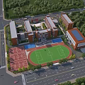 Modern School Campus With Multiple Classroom Buildings Sports Field Basketball Courts And Greenery